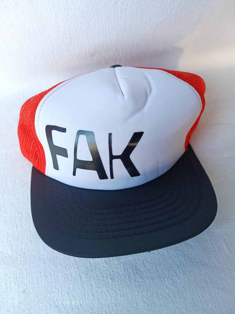 Orange, Black & White 5-panel Trucker Hat w "FAK" On Front Panel& Underside Brim